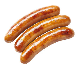 Three cooked sausages, slightly overlapping, on a black background
