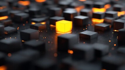 Abstract background of black cubes with orange glowing edges and particles in shallow depth - Powered by Adobe