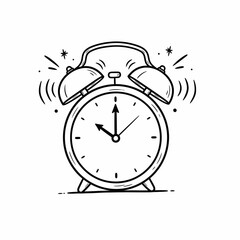 A detailed black and white illustration of a ringing alarm clock, showing the time.