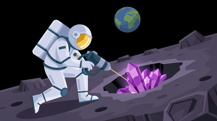 Flat art illustration of a lone space miner extracting a shimmering crystal from an asteroid with Earth in the background
