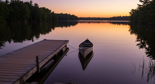 Serene Canoe Dock Sunset Scene Calm Water Nature Landscape - Powered by Adobe
