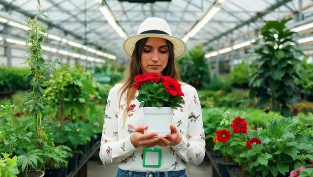 Woman in greenhouse holding red geraniums in pot wearing hat and floral shirt surrounded by plants and natural light for gardening and botanical themes