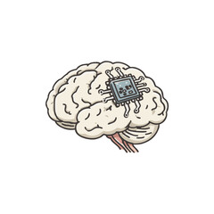Detailed Lineart Brain with Microchip Artificial Intelligence Medical Science Illustration