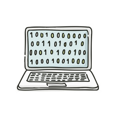 Sketchy Handdrawn Laptop Computer with Binary Code for Digital Concept