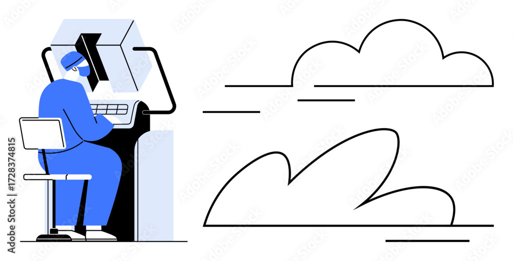 Aufkleber healthcare worker using desk computer for research next to abstract cloud graphic. ideal for technol
