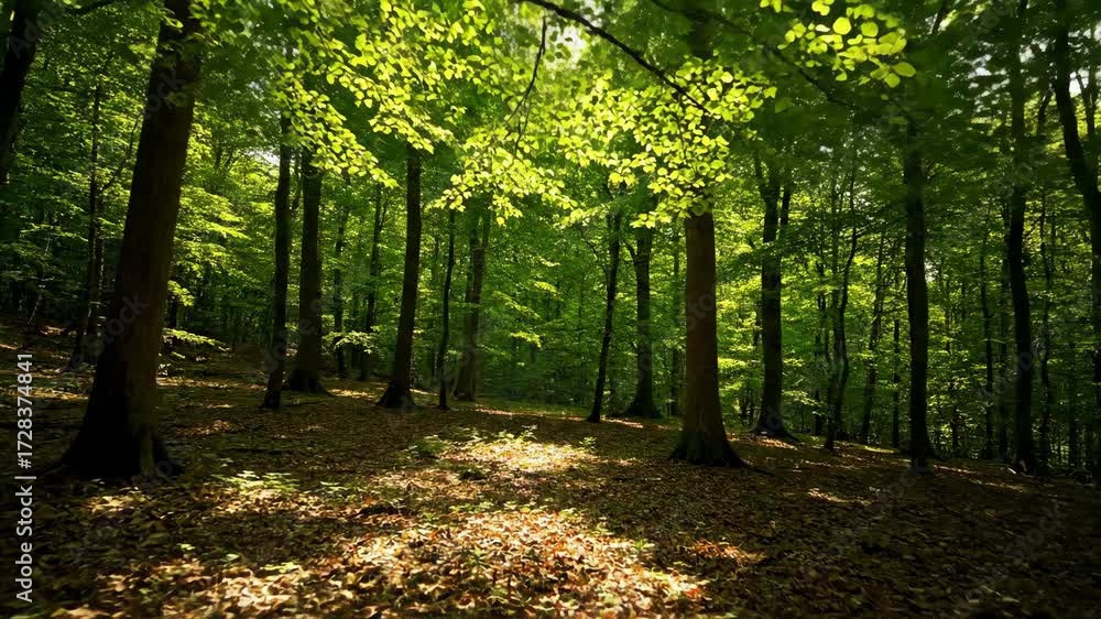 Poster mesmerizing timelapse of sunlight dappling through dense forest canopy, creating shifting patterns o