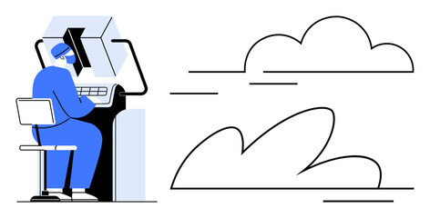 Healthcare worker using desk computer for research next to abstract cloud graphic. Ideal for technology, healthcare, research, innovation, digital tools, cloud computing, medical work. A simple flat
