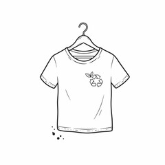 A white t-shirt with a recycling symbol and leaves, hanging on a hanger.