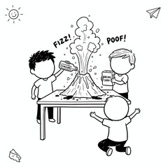 Three children conduct a science experiment, causing a volcano to erupt with fizz.