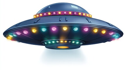 A colorful, illuminated flying saucer, with a light beam, seemingly mid-flight, hovering in space