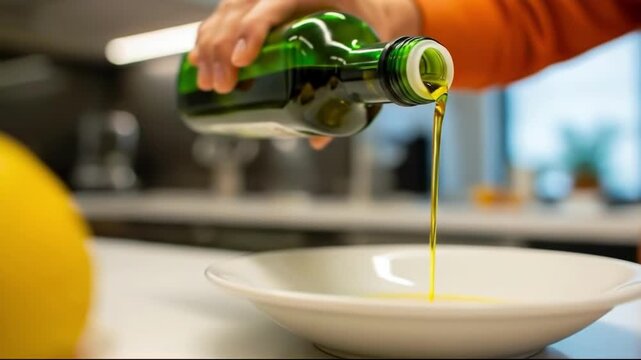 A hand pours golden olive oil from a green glass bottle into a white bowl, with a blurred yellow object in the foreground