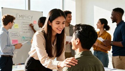 Diverse group of colleagues collaborating during a brainstorming session, smiling.