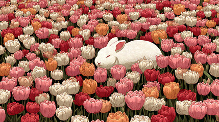 A rabbit sleeping amidst a sea of tulips (1)
