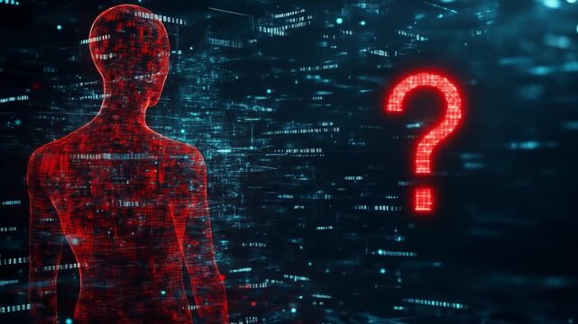 Silhouette of a person against a digital backdrop with binary code and a questioning symbol, suggesting inquiry