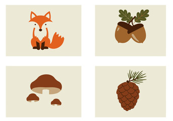 Fototapeta premium Four nature-themed illustrations: a fox, acorns, mushrooms, and a pinecone, presented on a beige background.