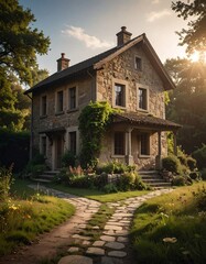 Quaint stone house nestled in a garden