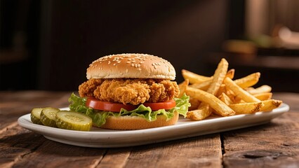 Chicken sandwich with crispy patty, lettuce, tomato, pickles, and fries served on a white plate