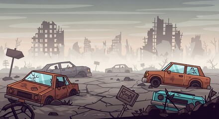 Pixel Art Apocalypse - A Desolate Cityscape of Ruined Buildings and Rusted Cars.