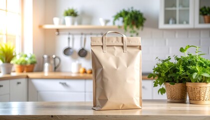 A colorful bag filled with fresh vegetables, including vibrant bell peppers, leafy greens, and ripe tomatoes, rests on a rustic wooden table.