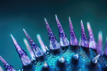 Close-up of vibrant purple and blue crystalline structures resembling miniature spires.