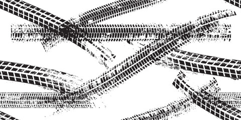 Tire track seamless pattern. Grange tread marks .Grunge textured vector car tread . Car trails endless pattern texture. Tyre track seamless texture. Wheel tire tread track background © miloje