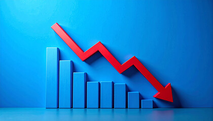 Minimalist red graph with bold red arrow pointing downward, business risk, financial decline