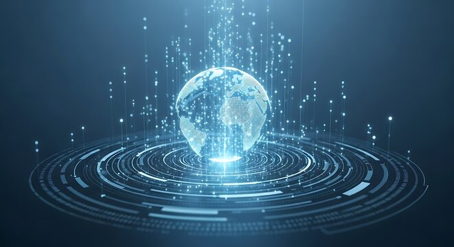 Digital world: globe with data streams and concentric circles. - Powered by Adobe