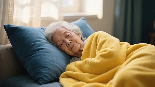 Elderly woman resting peacefully on a couch, covered with a yellow blanket and supported by a blue pillow.