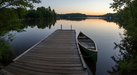 Obraz premium Serene Wooden Dock with Canoe on Calm Lake at Sunset