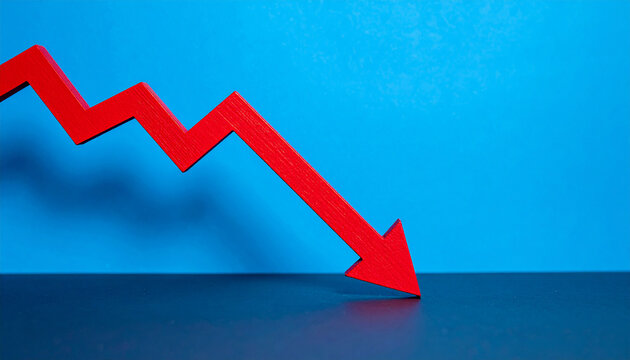 Minimalist red graph with bold red arrow pointing downward, business risk, financial decline