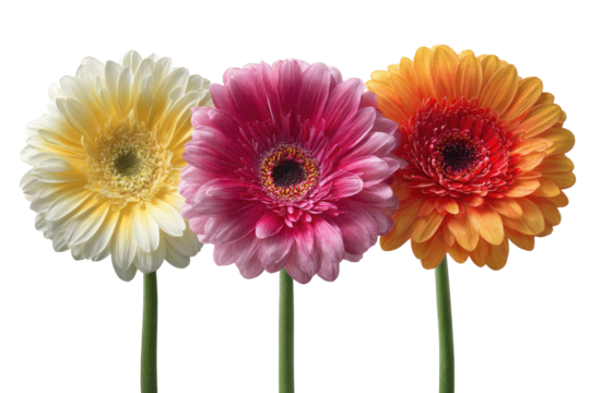 Three colorful gerbera daisies in close proximity