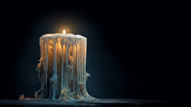 Thick candle, almost pillar-like, is draped in melted wax with a softly glowing flame