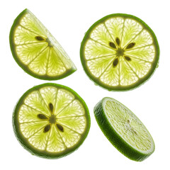 Four vibrant green, hyperdetailed lime slices with dew drops and seeds, levitating on a transparent background in a macro shot. Concept for beverage advertising