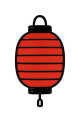 A vibrant red lantern with black stripes, symbolizing celebration and tradition in many cultures.