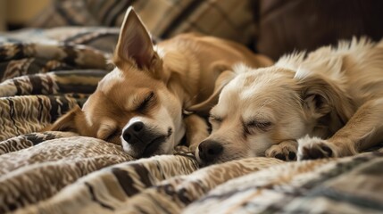 Dogs Sleeping Images, Showing scenes of dogs sleeping curled up on sofas, lying on carpets, nesting in dog beds, and snuggling with owners. Suitable for pet daily record matching images, pet product 