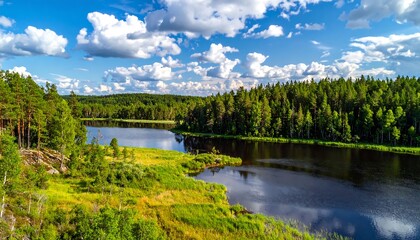 Panoramic view of a serene lake and forest