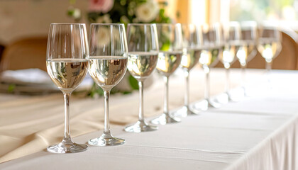 Glasses filled with mineral water are arranged neatly on the table at a banquet.