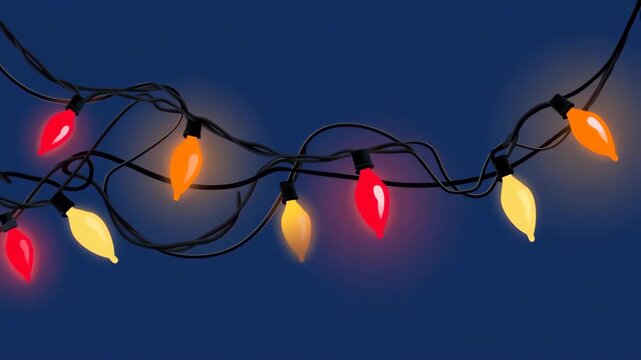 Christmas lights strung on a dark blue background
