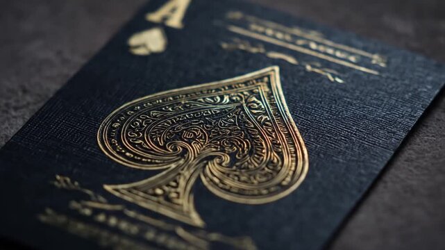 Close-up of an Ace of Spades playing card with intricate gold foil details
