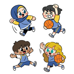 Cute kids playing basketball in school uniform doodle illustration