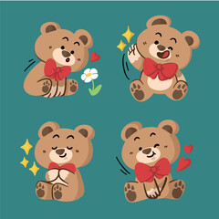 Cute teddy bear with red bow in different adorable poses doodle illustration
