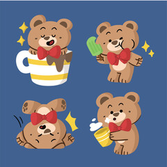 Cute teddy bear with red bow eating snacks doodle illustration