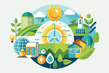 Eco-friendly landscape with renewable energy and sustainable living elements