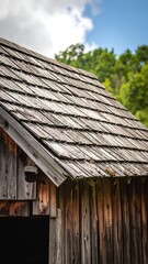Close-up of a weathered wooden shingle roof on a rustic wooden building