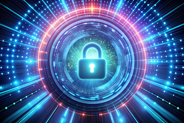 Cyber security lock with glowing data streams for protection