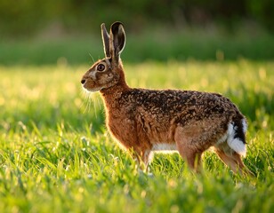 Fototapeta premium Brown hare in a field at sunset