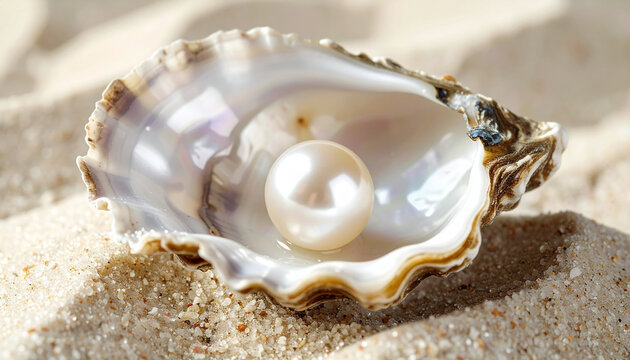 Natural pearl resting inside oyster shell on sandy background. Purity and coastal beauty.