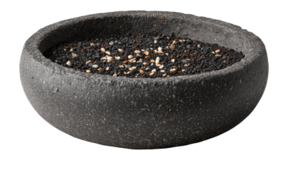 Smoldering seeds in ceramic bowl with smoke rising aromatic natural incense burning ritual fragrance isolated on white background
