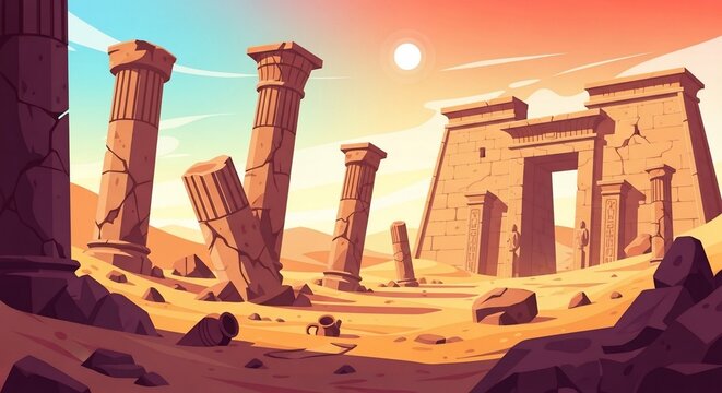 Vibrant Stylized Illustration of Ancient Egyptian Ruins at Sunset.
