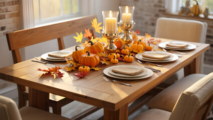 Harvest-Themed Dining Table Decoration with Fall Leaves and Orange Gourds
